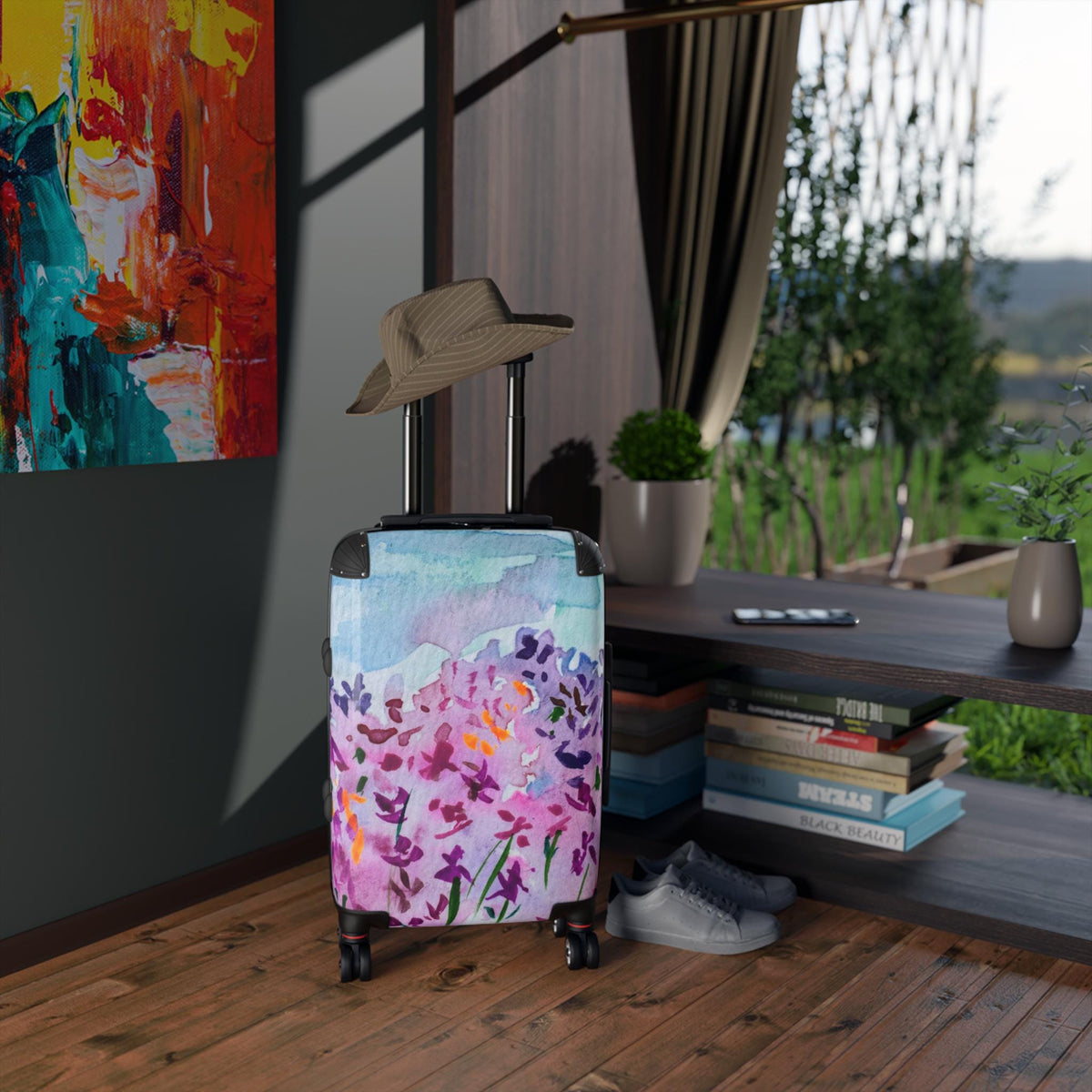 Watercolor Floral Carry On Suitcase | Purple Lavender Garden Art Luggage | Unique Travel Bag | Artist Designed Spinner Luggage