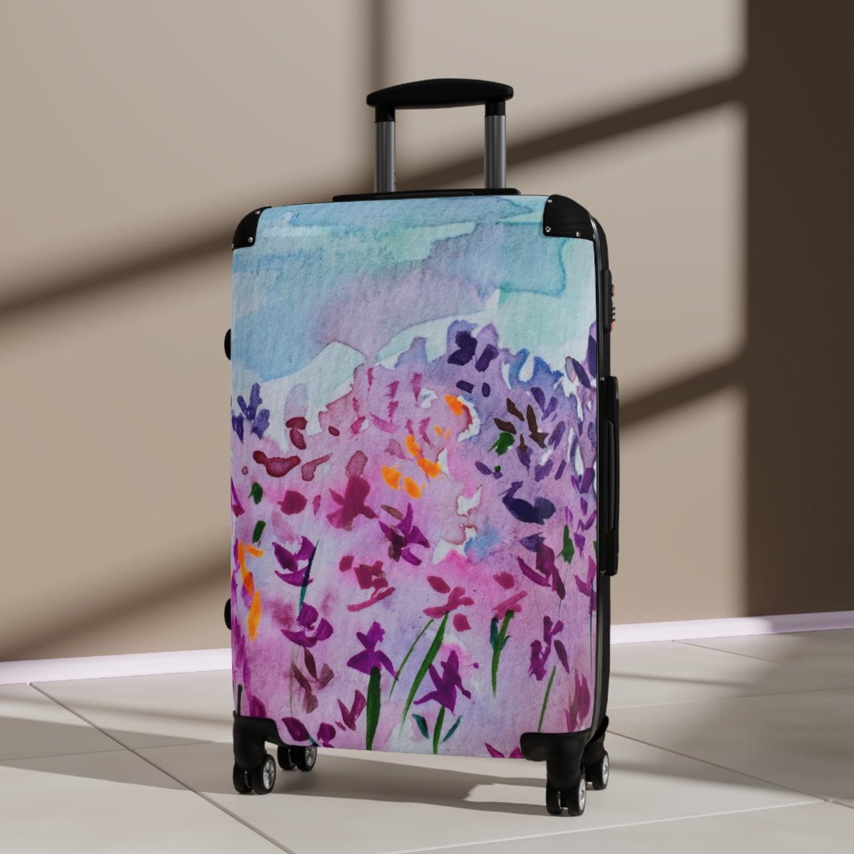 Watercolor Floral Carry On Suitcase | Purple Lavender Garden Art Luggage | Unique Travel Bag | Artist Designed Spinner Luggage