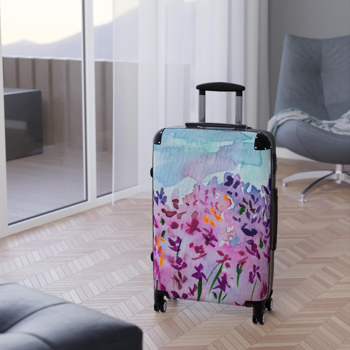 Watercolor Floral Carry On Suitcase | Purple Lavender Garden Art Luggage | Unique Travel Bag | Artist Designed Spinner Luggage
