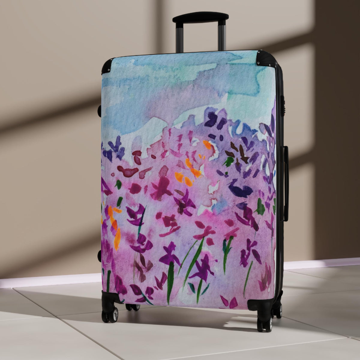 Watercolor Floral Carry On Suitcase | Purple Lavender Garden Art Luggage | Unique Travel Bag | Artist Designed Spinner Luggage