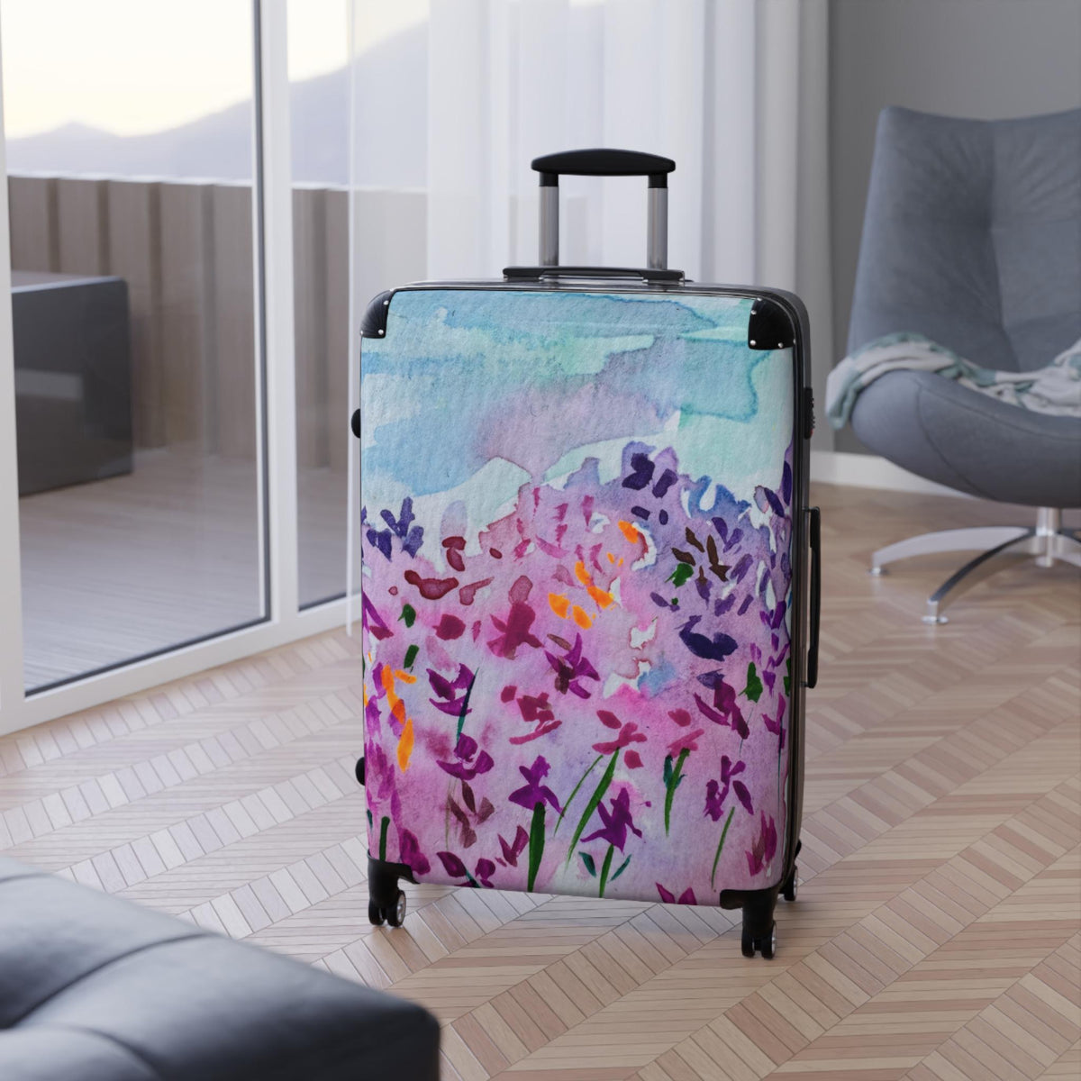 Watercolor Floral Carry On Suitcase | Purple Lavender Garden Art Luggage | Unique Travel Bag | Artist Designed Spinner Luggage