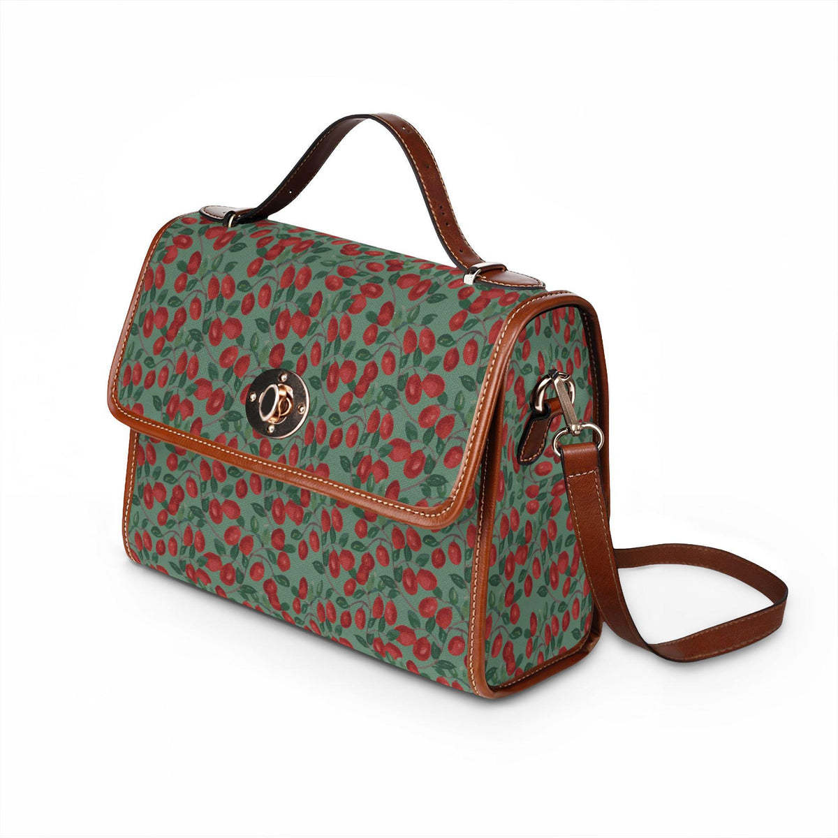 Red Cherry Pattern Waterproof Canvas Bag | Floral Fruit Print Tote