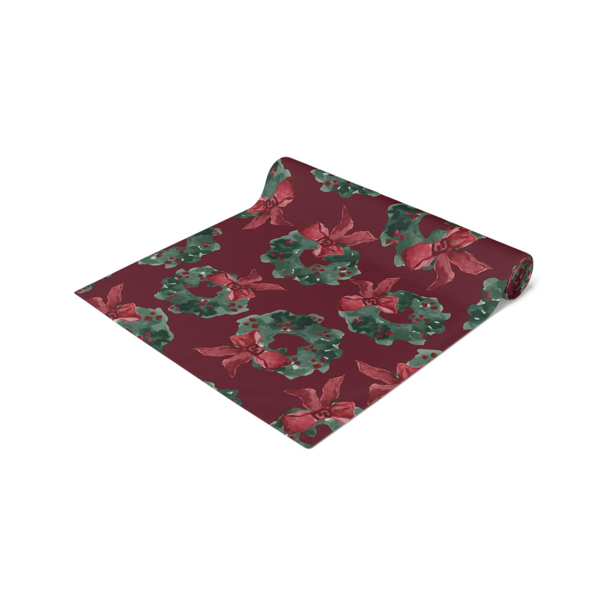 Christmas Wreath Table Runner Green Red Holiday Dining Decor | Festive Wreath Pattern Holiday Entertaining Gift, Cotton & Poly Blend
