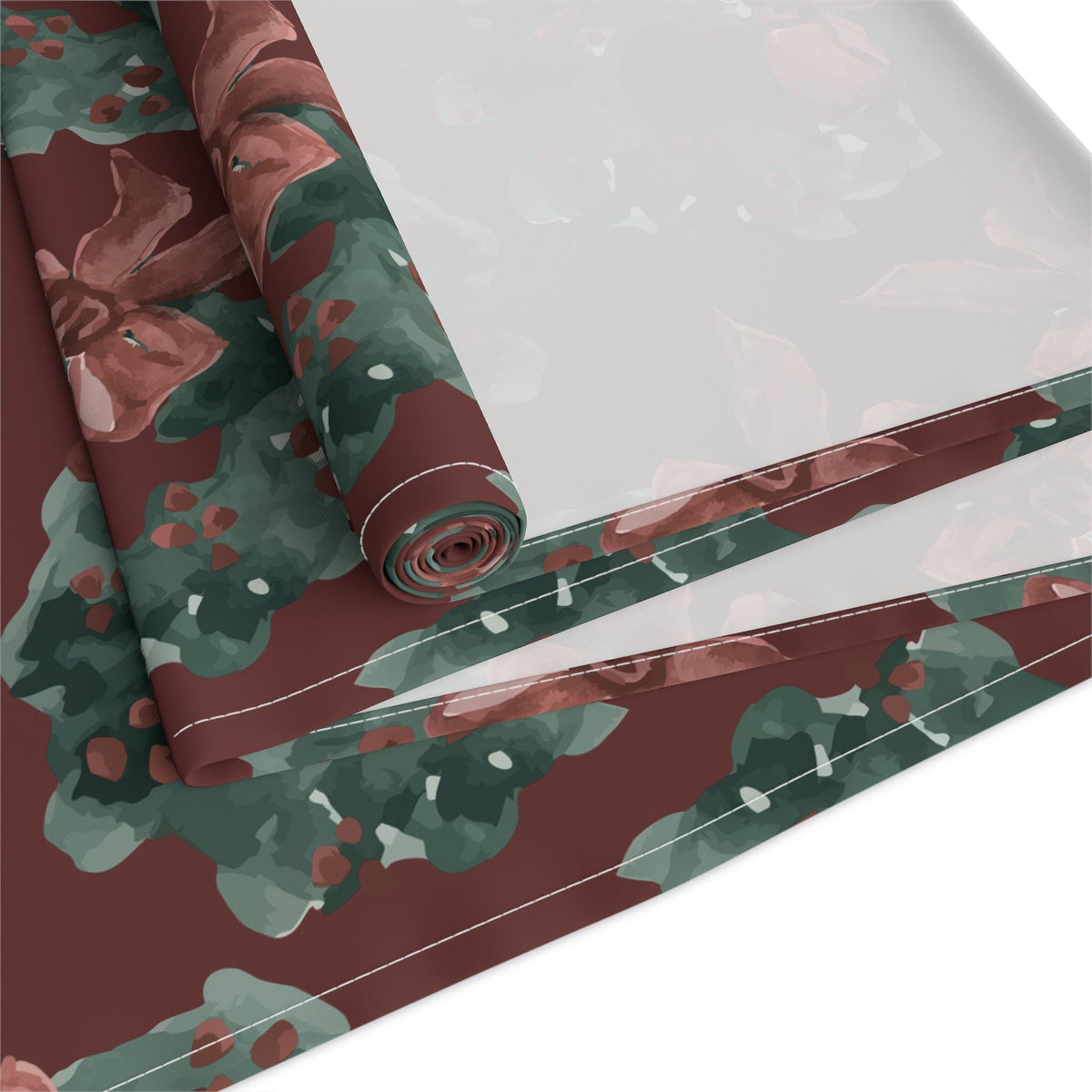 Christmas Wreath Table Runner Green Red Holiday Dining Decor | Festive Wreath Pattern Holiday Entertaining Gift, Cotton & Poly Blend