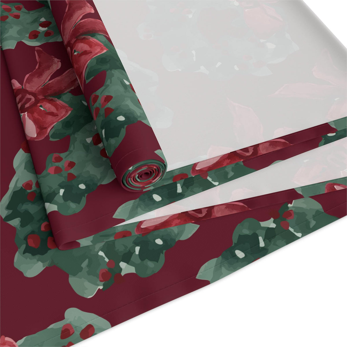 Christmas Wreath Table Runner Green Red Holiday Dining Decor | Festive Wreath Pattern Holiday Entertaining Gift, Cotton & Poly Blend