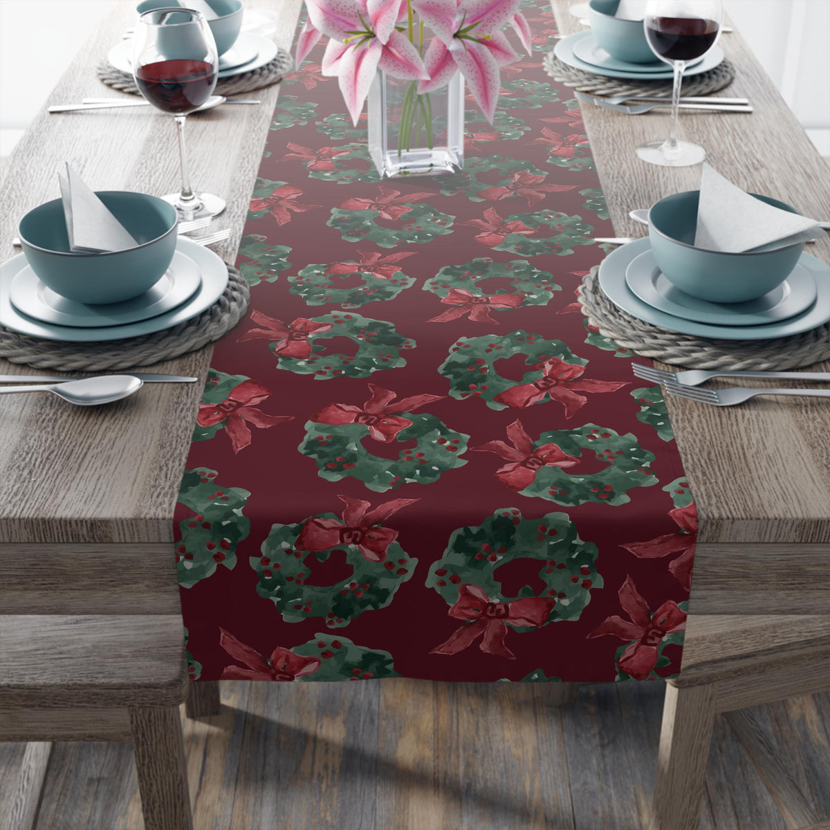 Christmas Wreath Table Runner Green Red Holiday Dining Decor | Festive Wreath Pattern Holiday Entertaining Gift, Cotton & Poly Blend