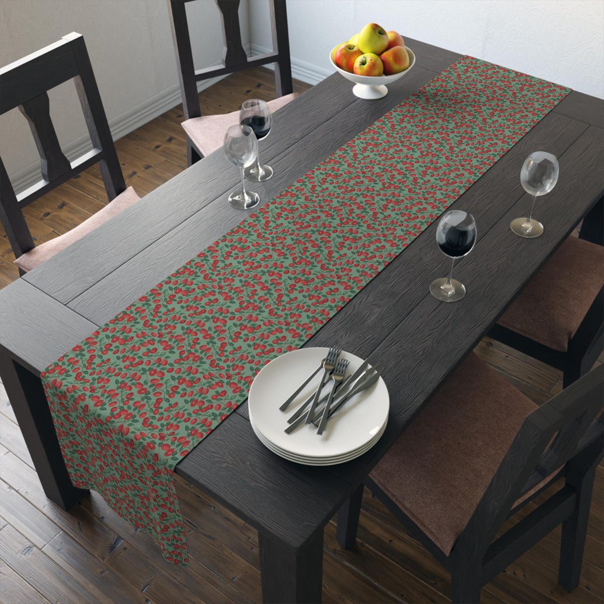 Cranberry Vine Table Runner | Sage Green Holiday Dining Decor | New England Berry Pattern | Festive Table Decor Gift