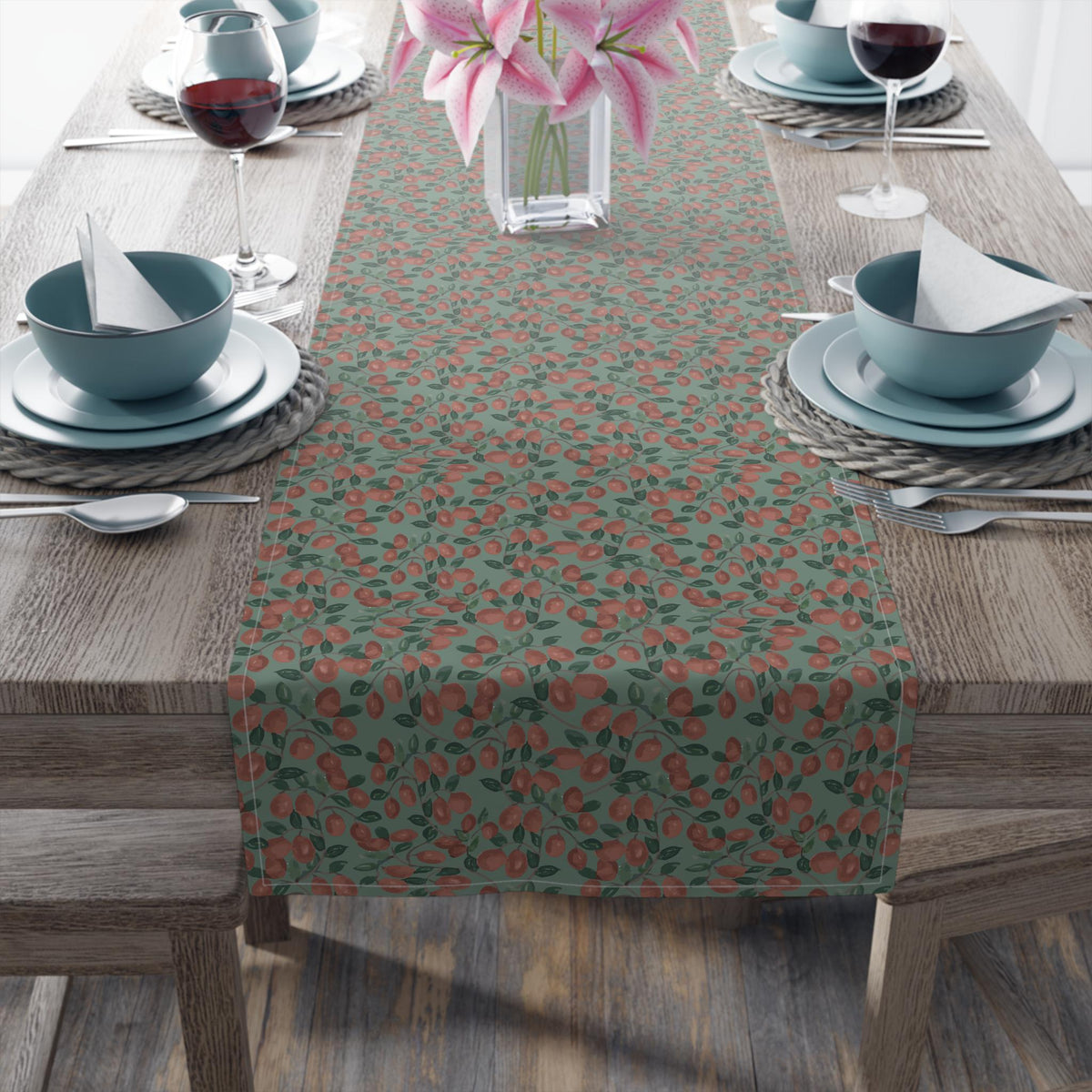Cranberry Vine Table Runner | Sage Green Holiday Dining Decor | New England Berry Pattern | Festive Table Decor Gift