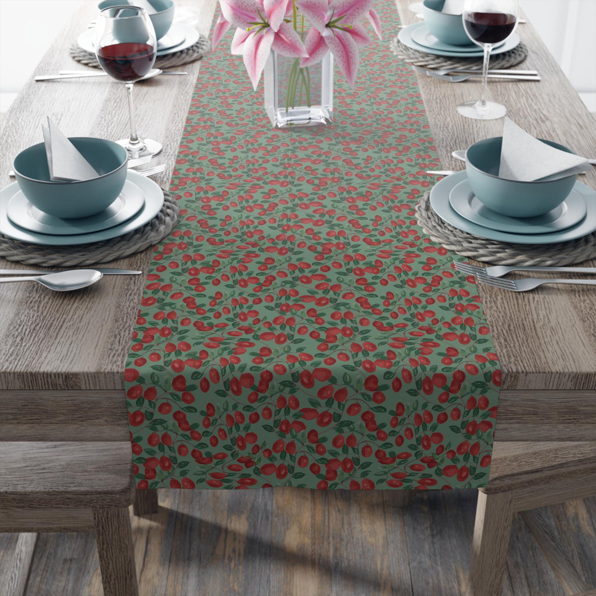Cranberry Vine Table Runner | Sage Green Holiday Dining Decor | New England Berry Pattern | Festive Table Decor Gift