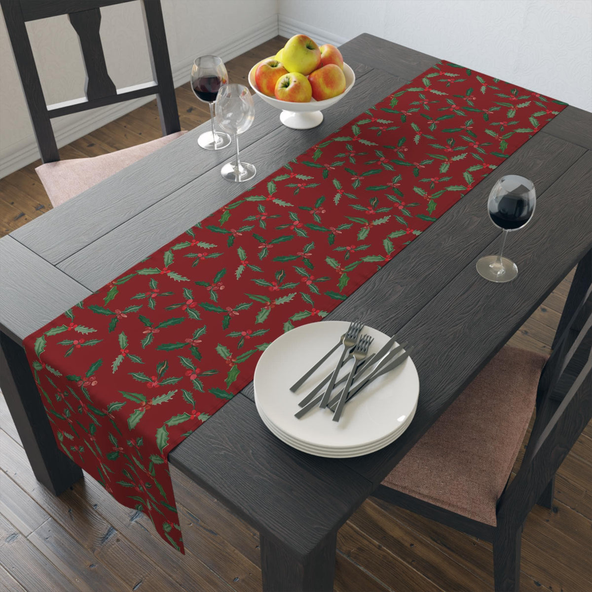 Christmas Holly Berry Table Runner, Cranberry Red Holiday Table Decor, Evergreen Botanical Dining Table , Rustic Christmas
