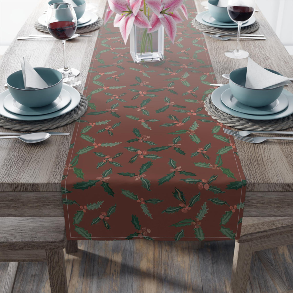 Christmas Holly Berry Table Runner, Cranberry Red Holiday Table Decor, Evergreen Botanical Dining Table , Rustic Christmas