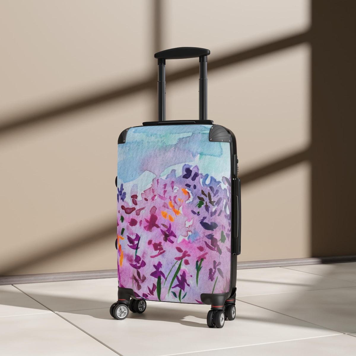 Watercolor Floral Carry On Suitcase | Purple Lavender Garden Art Luggage | Unique Travel Bag | Artist Designed Spinner Luggage