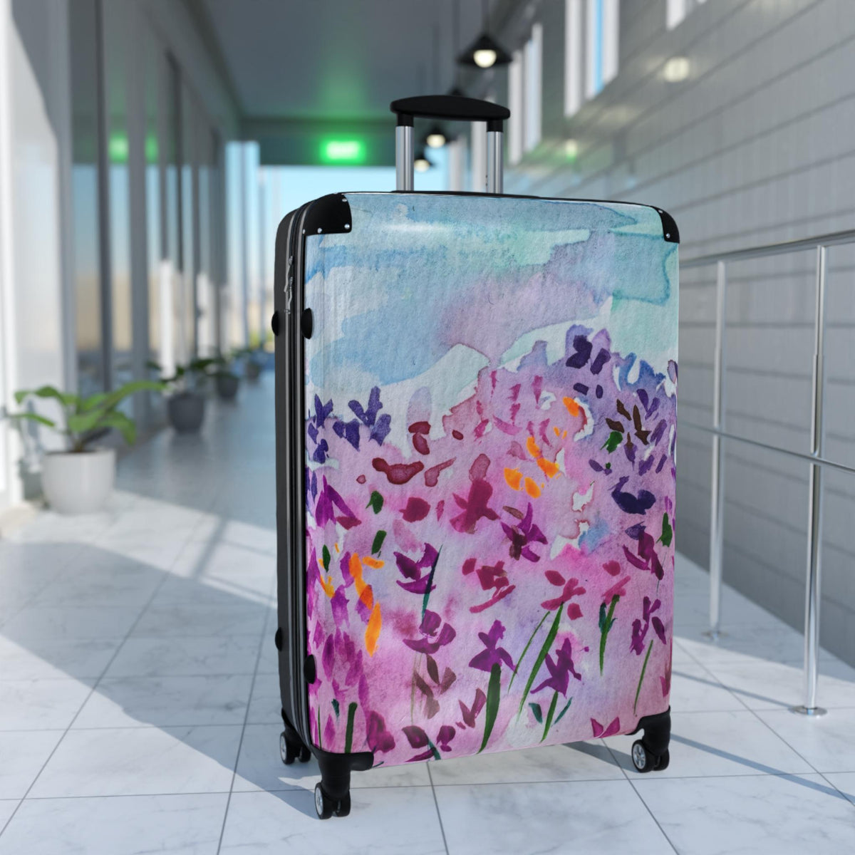 Watercolor Floral Carry On Suitcase | Purple Lavender Garden Art Luggage | Unique Travel Bag | Artist Designed Spinner Luggage