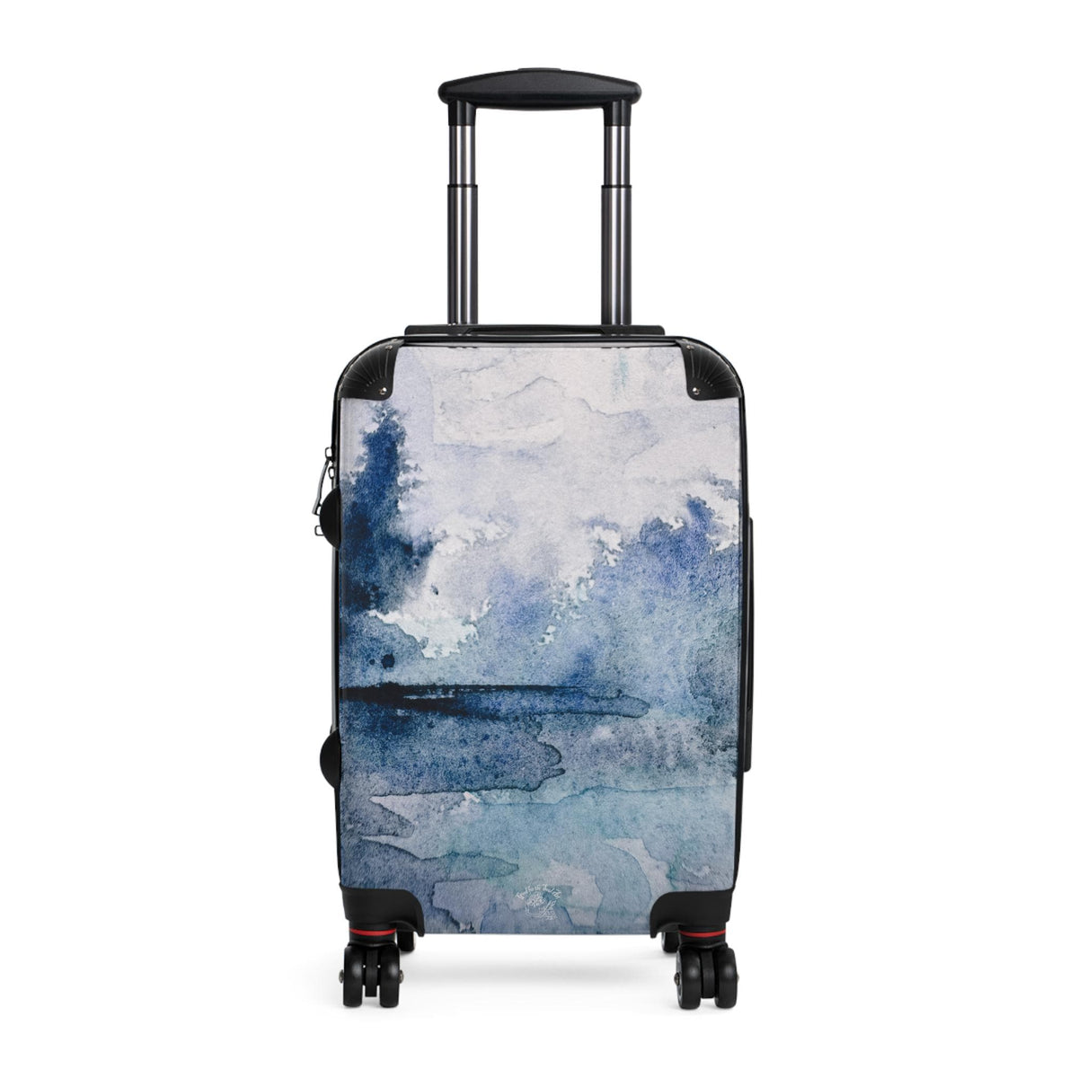 Hardshell carry-on spinner suitcase printed with a blue and indigo watercolor ocean seascape by Kathryn Young
