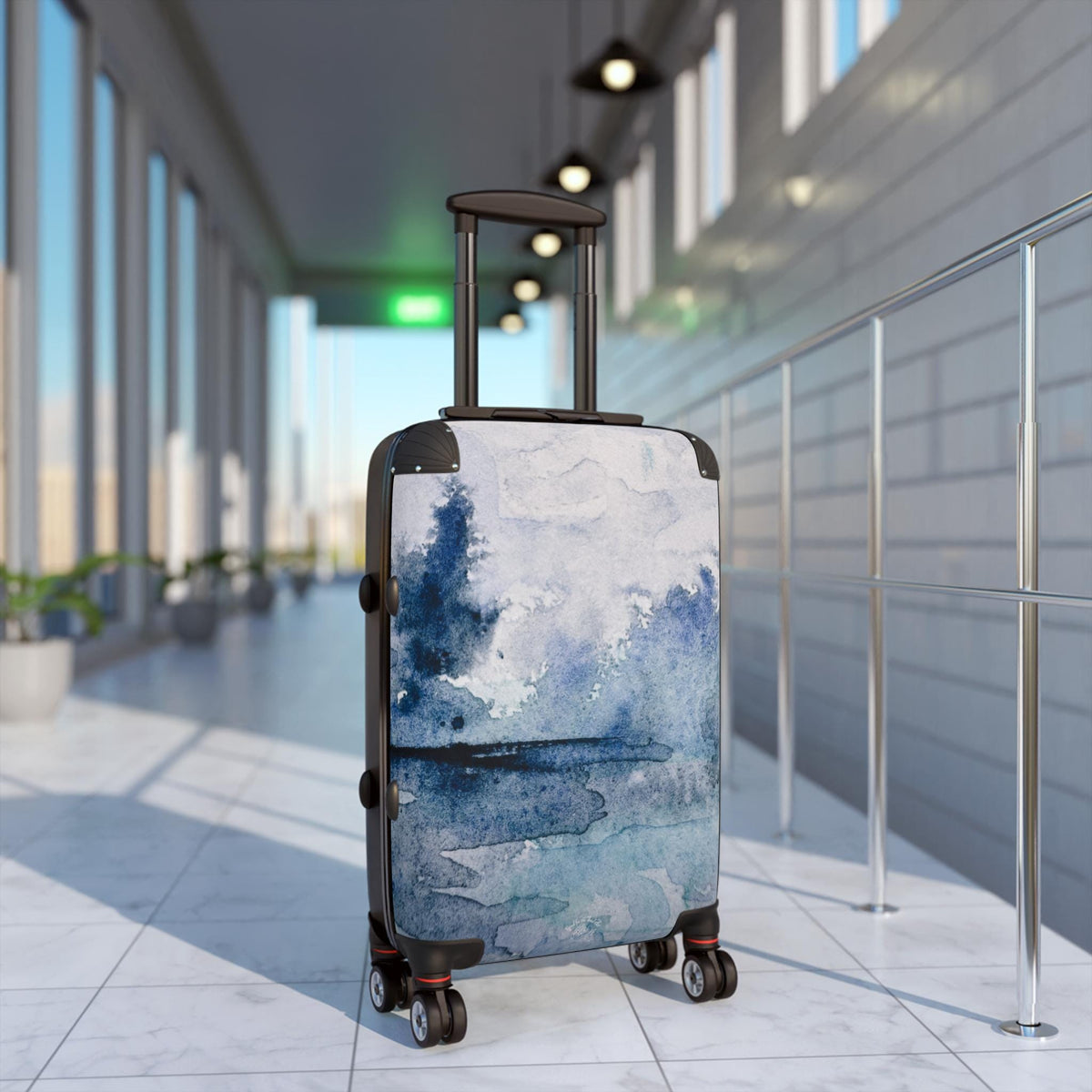 Watercolor Ocean Art Carry On Suitcase | Blue Indigo Seascape Luggage | Unique Artist Designed Travel Bag | Spinner Carry On