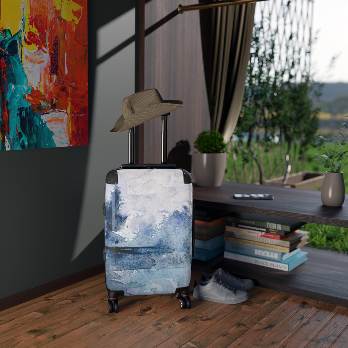 Watercolor Ocean Art Carry On Suitcase | Blue Indigo Seascape Luggage | Unique Artist Designed Travel Bag | Spinner Carry On