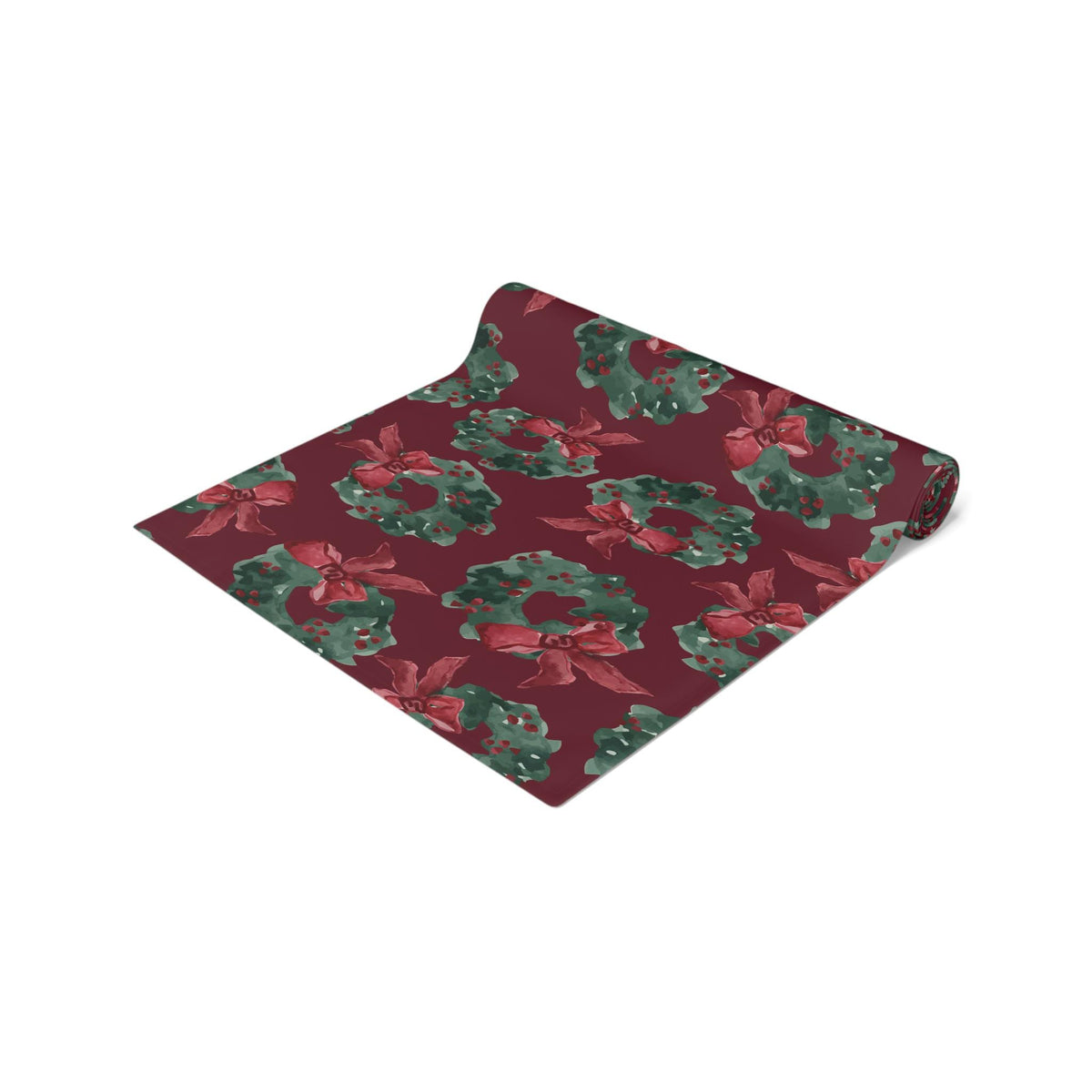 Christmas Wreath Table Runner Green Red Holiday Dining Decor | Festive Wreath Pattern Holiday Entertaining Gift, Cotton & Poly Blend