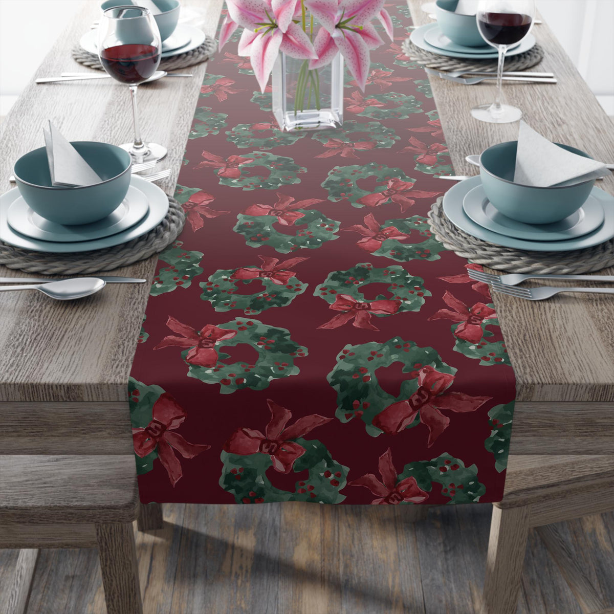Christmas Wreath Table Runner Green Red Holiday Dining Decor | Festive Wreath Pattern Holiday Entertaining Gift, Cotton & Poly Blend