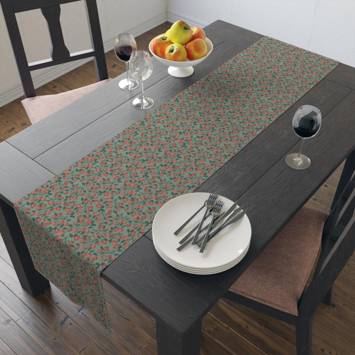 Cranberry Vine Table Runner | Sage Green Holiday Dining Decor | New England Berry Pattern | Festive Table Decor Gift