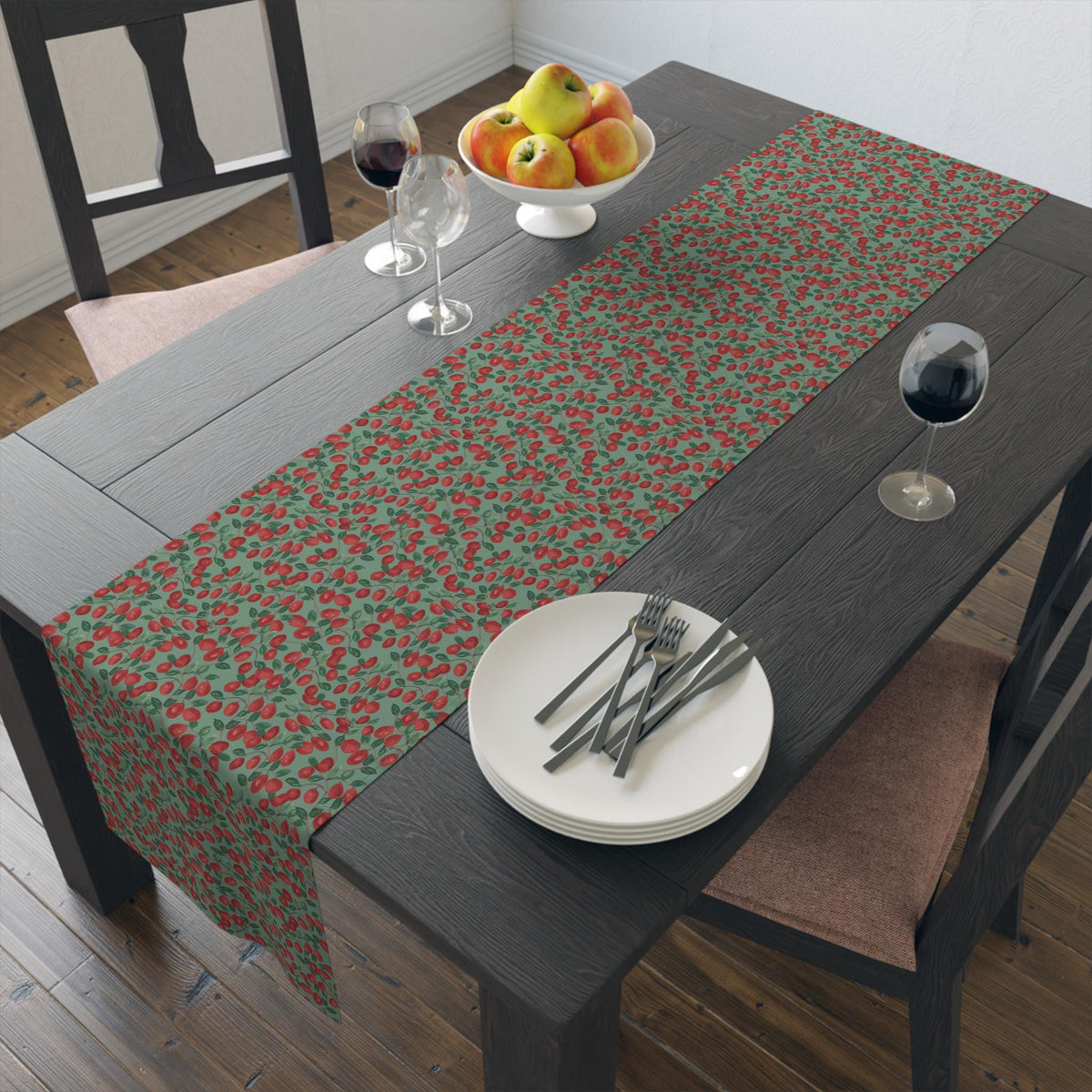 Cranberry Vine Table Runner | Sage Green Holiday Dining Decor | New England Berry Pattern | Festive Table Decor Gift