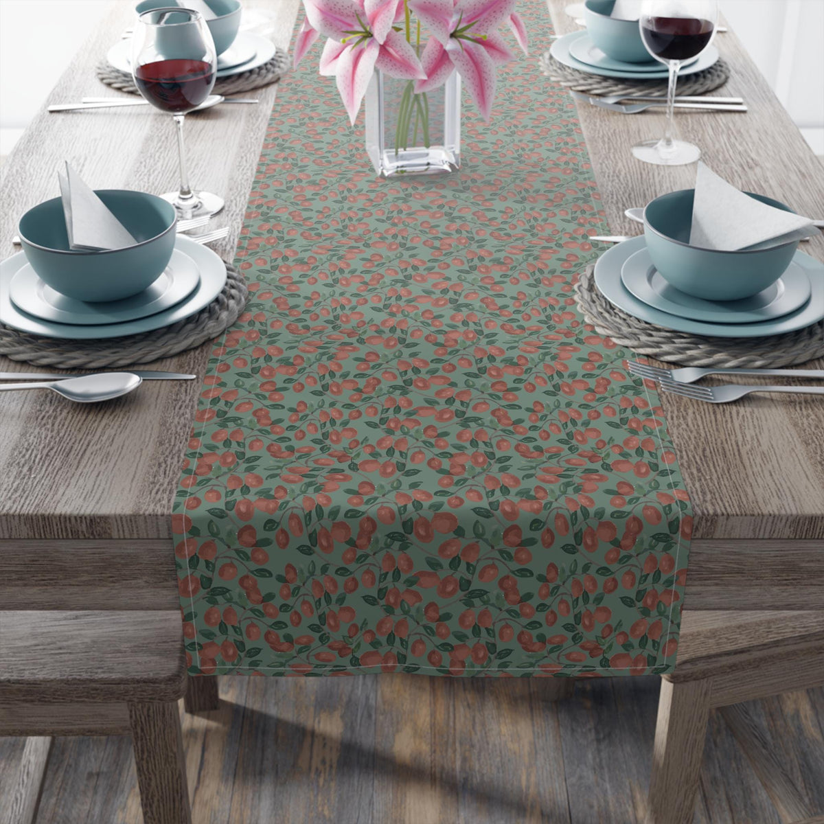 Cranberry Vine Table Runner | Sage Green Holiday Dining Decor | New England Berry Pattern | Festive Table Decor Gift