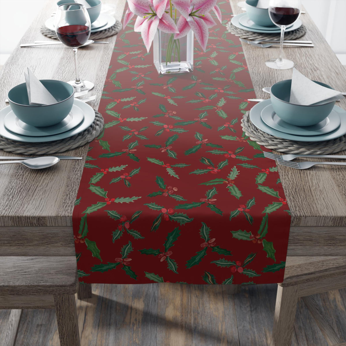 Christmas Holly Berry Table Runner, Cranberry Red Holiday Table Decor, Evergreen Botanical Dining Table , Rustic Christmas