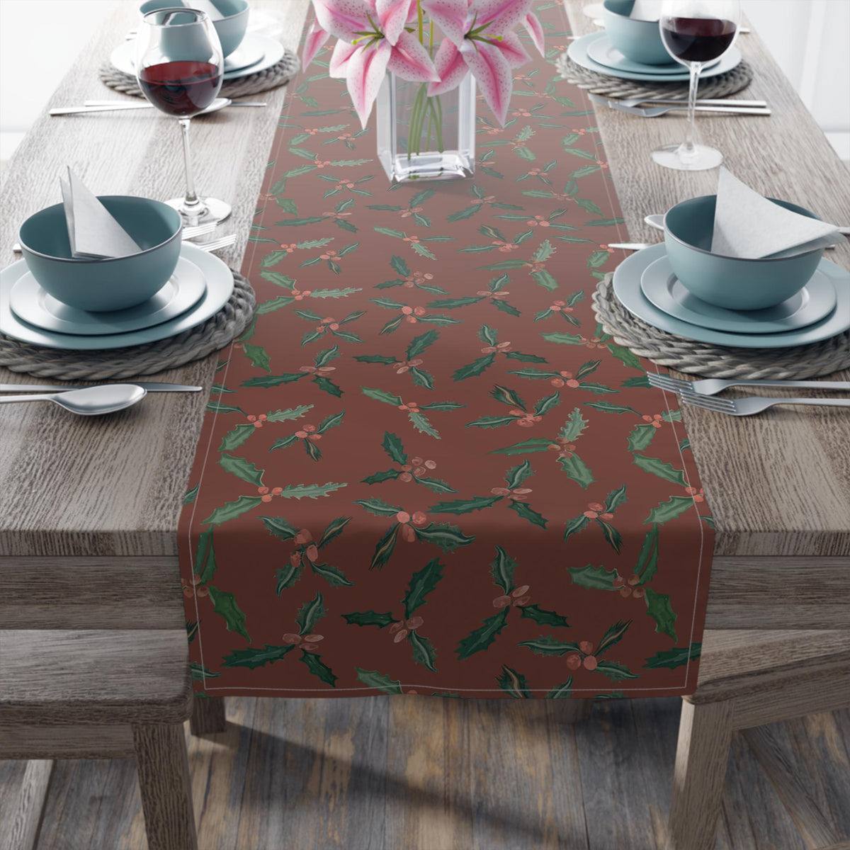 Christmas Holly Berry Table Runner, Cranberry Red Holiday Table Decor, Evergreen Botanical Dining Table , Rustic Christmas
