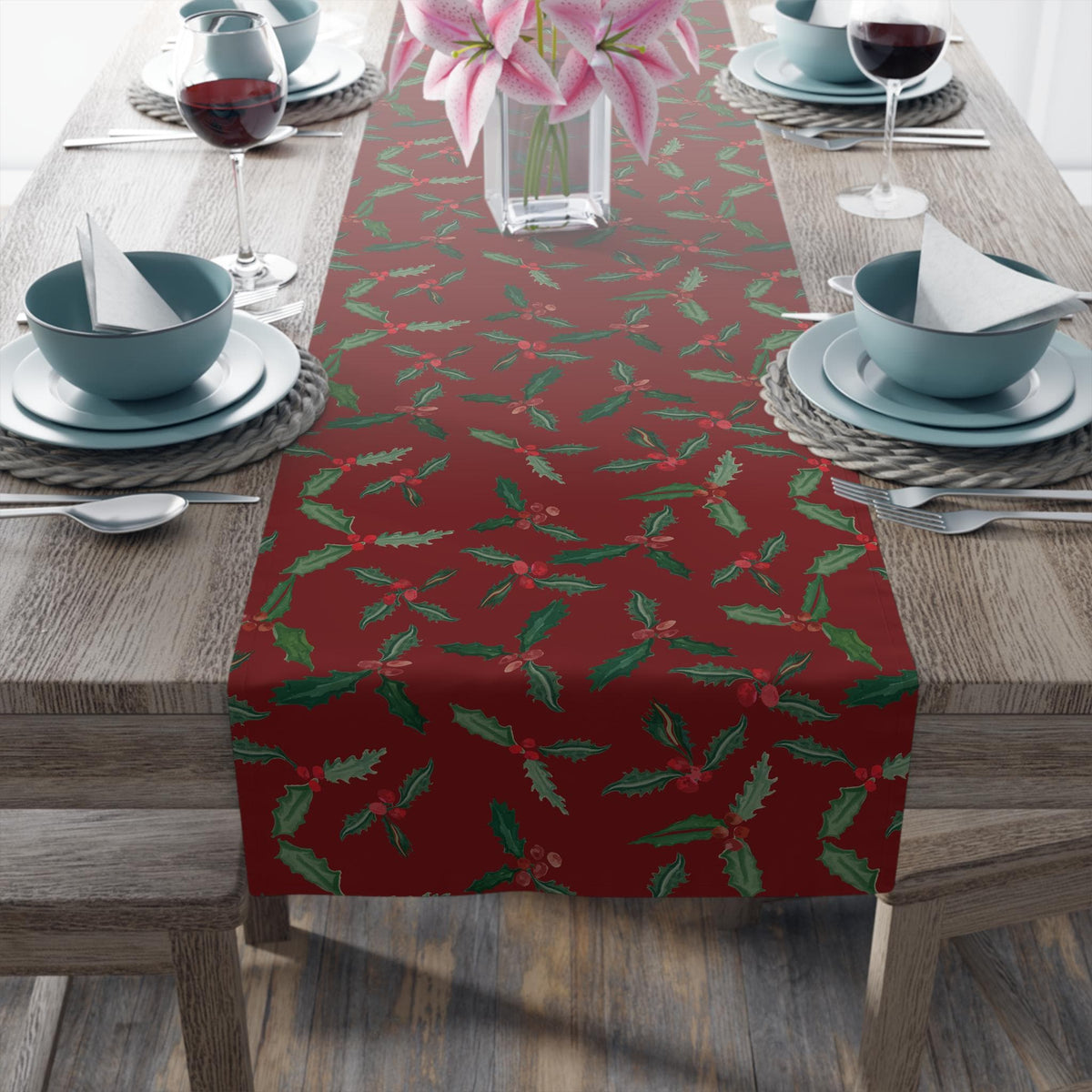 Christmas Holly Berry Table Runner, Cranberry Red Holiday Table Decor, Evergreen Botanical Dining Table , Rustic Christmas