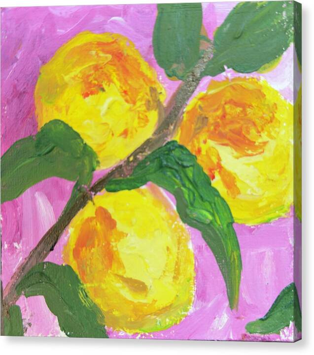 Canvas print of Peaches on Pink, Kathryn Young's painting of ripe peaches and green leaves on a bold pink background
