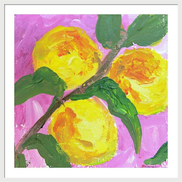Peaches on Pink Botanical Framed Print — White frame, White mat, 30" x 30"