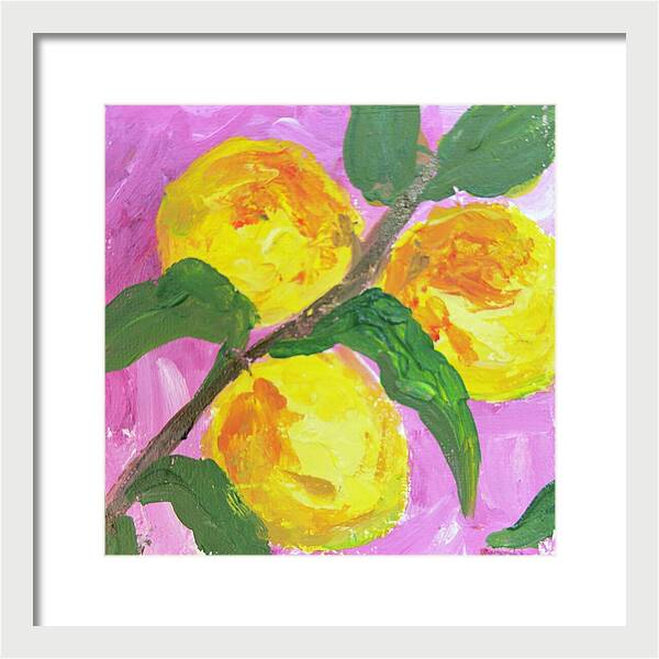 Peaches on Pink Botanical Framed Print — White frame, White mat, 12" x 12"