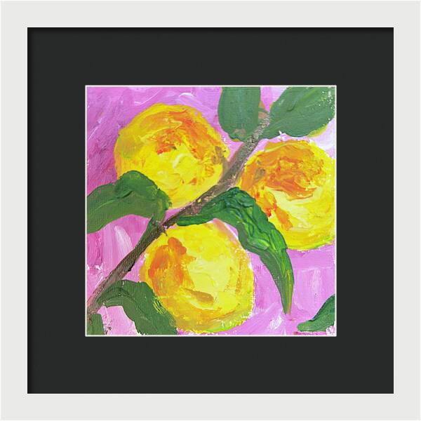 Peaches on Pink Botanical Framed Print — White frame, Black mat, 8" x 8"