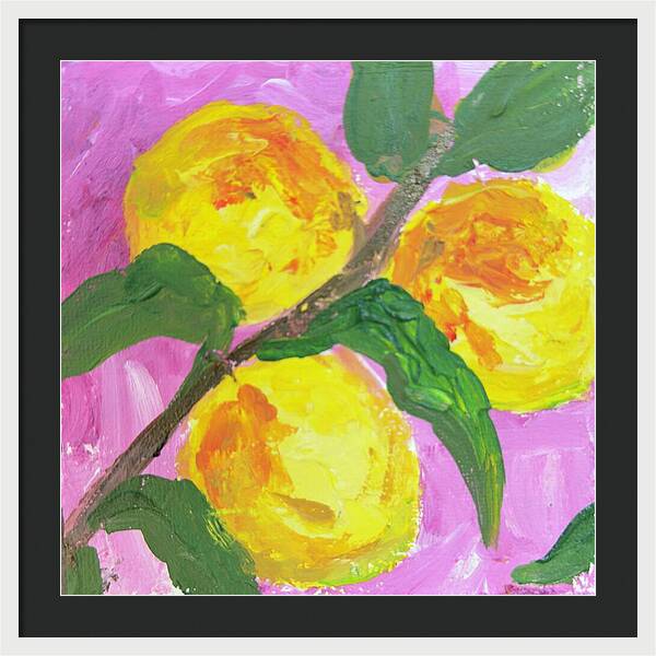 Peaches on Pink Botanical Framed Print — White frame, Black mat, 24" x 24"