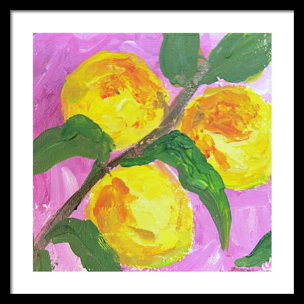 Peaches on Pink Botanical Framed Print — Black frame, White mat, 20" x 20"