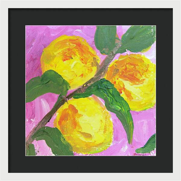 Peaches on Pink Botanical Framed Print — White frame, Black mat, 14" x 14"