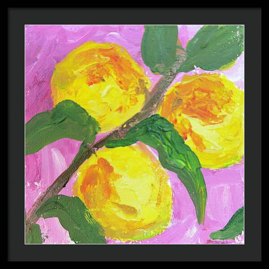 Framed print of Peaches on Pink, Kathryn Young's painting of ripe peaches and green leaves on a bold pink background