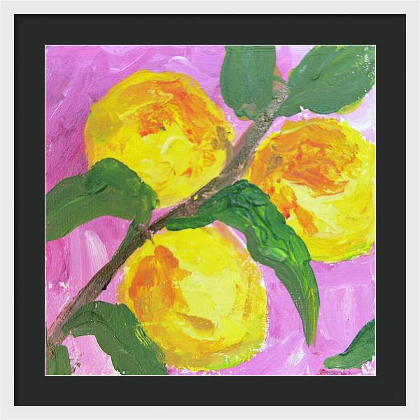 Peaches on Pink Botanical Framed Print — White frame, Black mat, 20" x 20"