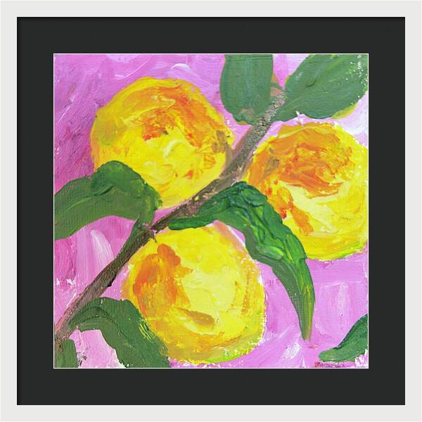 Peaches on Pink Botanical Framed Print — White frame, Black mat, 16" x 16"