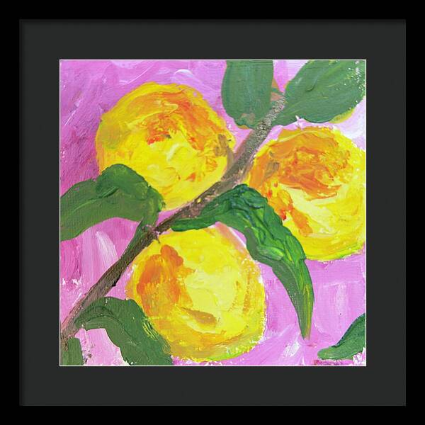 Peaches on Pink Botanical Framed Print — Black frame, Black mat, 14" x 14"