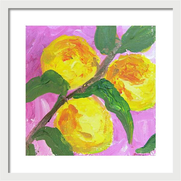 Peaches on Pink Botanical Framed Print — White frame, White mat, 14" x 14"