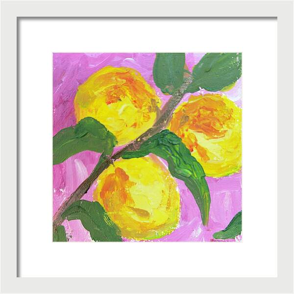 Peaches on Pink Botanical Framed Print — White frame, White mat, 10" x 10"