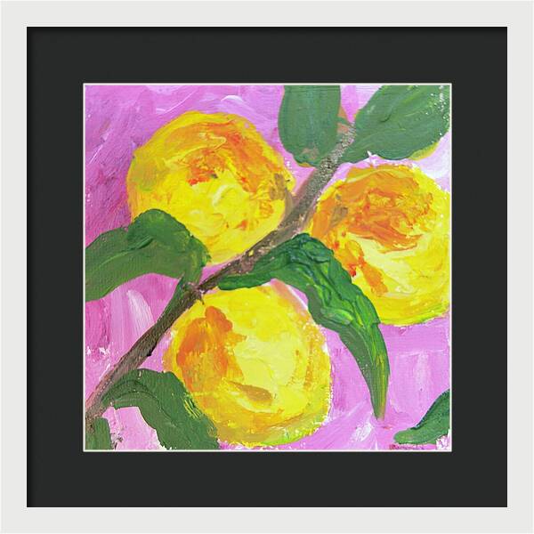 Peaches on Pink Botanical Framed Print — White frame, Black mat, 12" x 12"