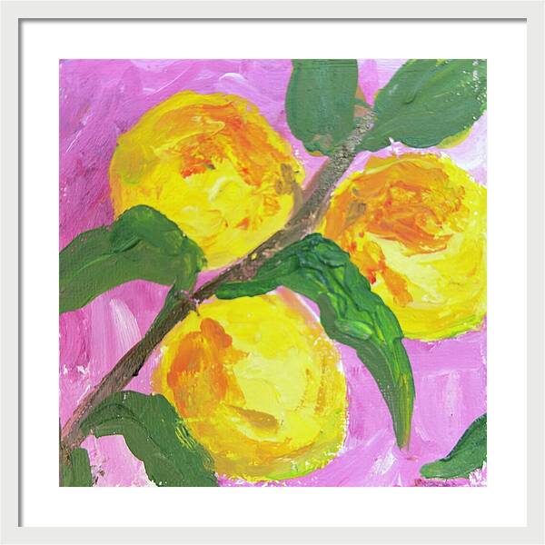 Peaches on Pink Botanical Framed Print — White frame, White mat, 20" x 20"