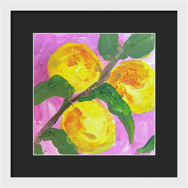 Peaches on Pink Botanical Framed Print — White frame, Black mat, 10" x 10"