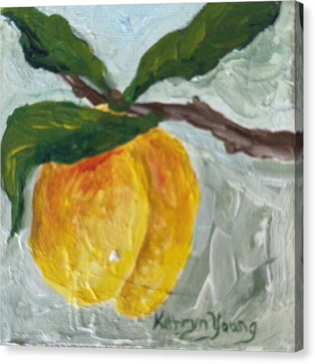 Canvas print of Ripe and Ready, Kathryn Young's painting of a ripe peach on a leafy branch in sage and mint greens