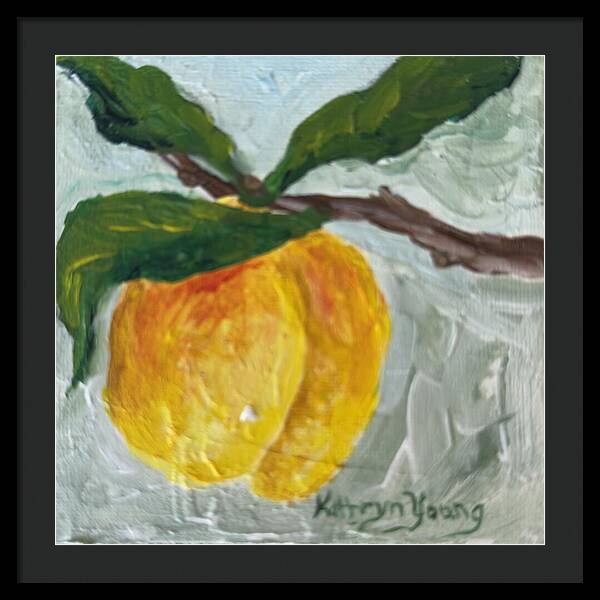 Framed print of Ripe and Ready, Kathryn Young's painting of a ripe peach on a leafy branch in sage and mint greens