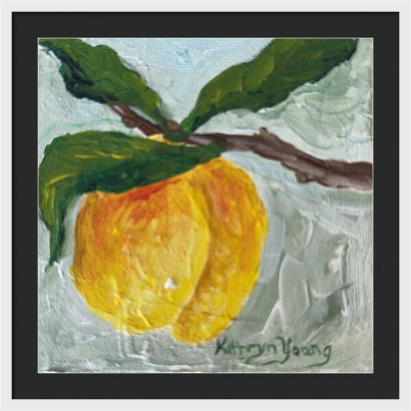 Ripe and Ready Peach Branch Framed Print — White frame, Black mat, 24" x 24"