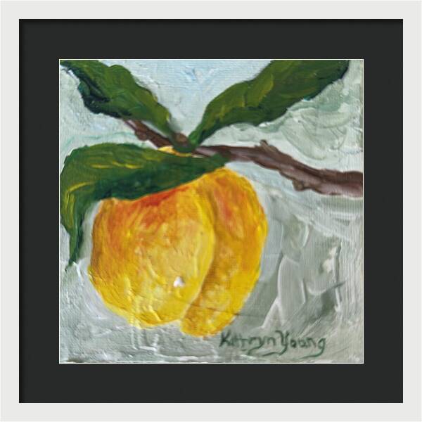 Ripe and Ready Peach Branch Framed Print — White frame, Black mat, 14" x 14"