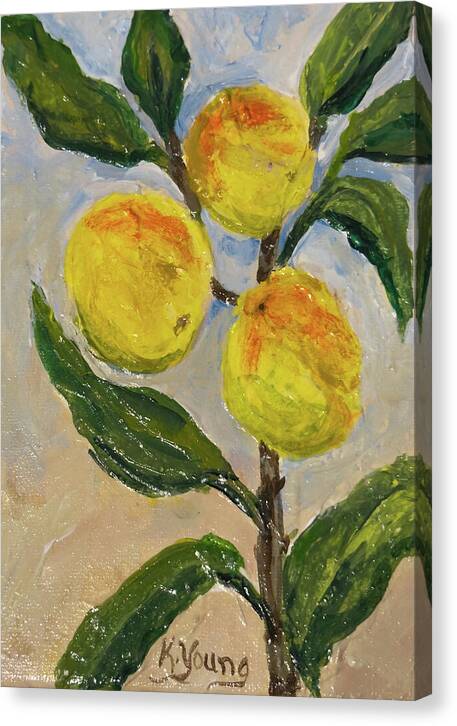 Canvas print of Soft Light in the Orchard, Kathryn Young's painting of peaches on a leafy branch in soft golden light