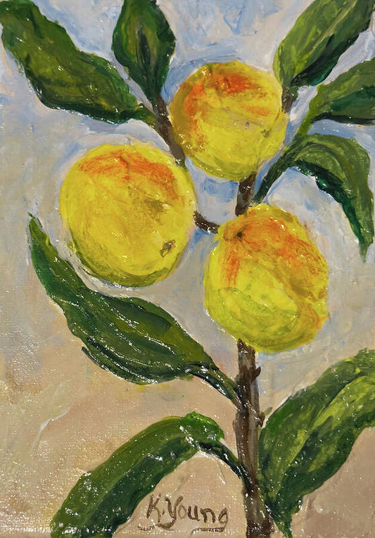 Art print of Soft Light in the Orchard, Kathryn Young's painting of peaches on a leafy branch in soft golden light